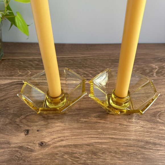 Fostoria 1930s Candle Holders, Yellow Deco Glass Pair - Picture 6 of 11